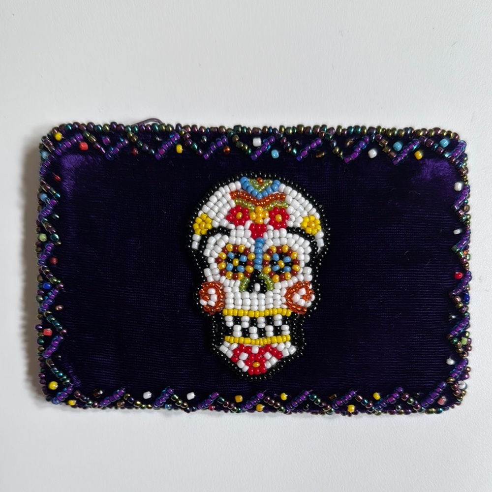 Embroidered Skull Clutch - Purple